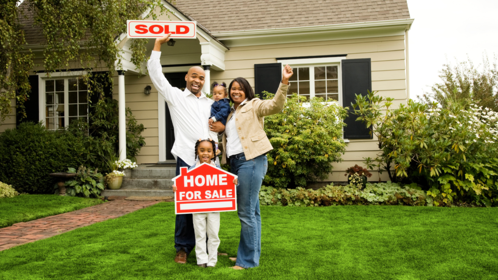 A family is standing in the front yard of a home holding a "sold" sign for a blog about "FHA Assumable Mortgage Guidelines Everyone Needs to Know."